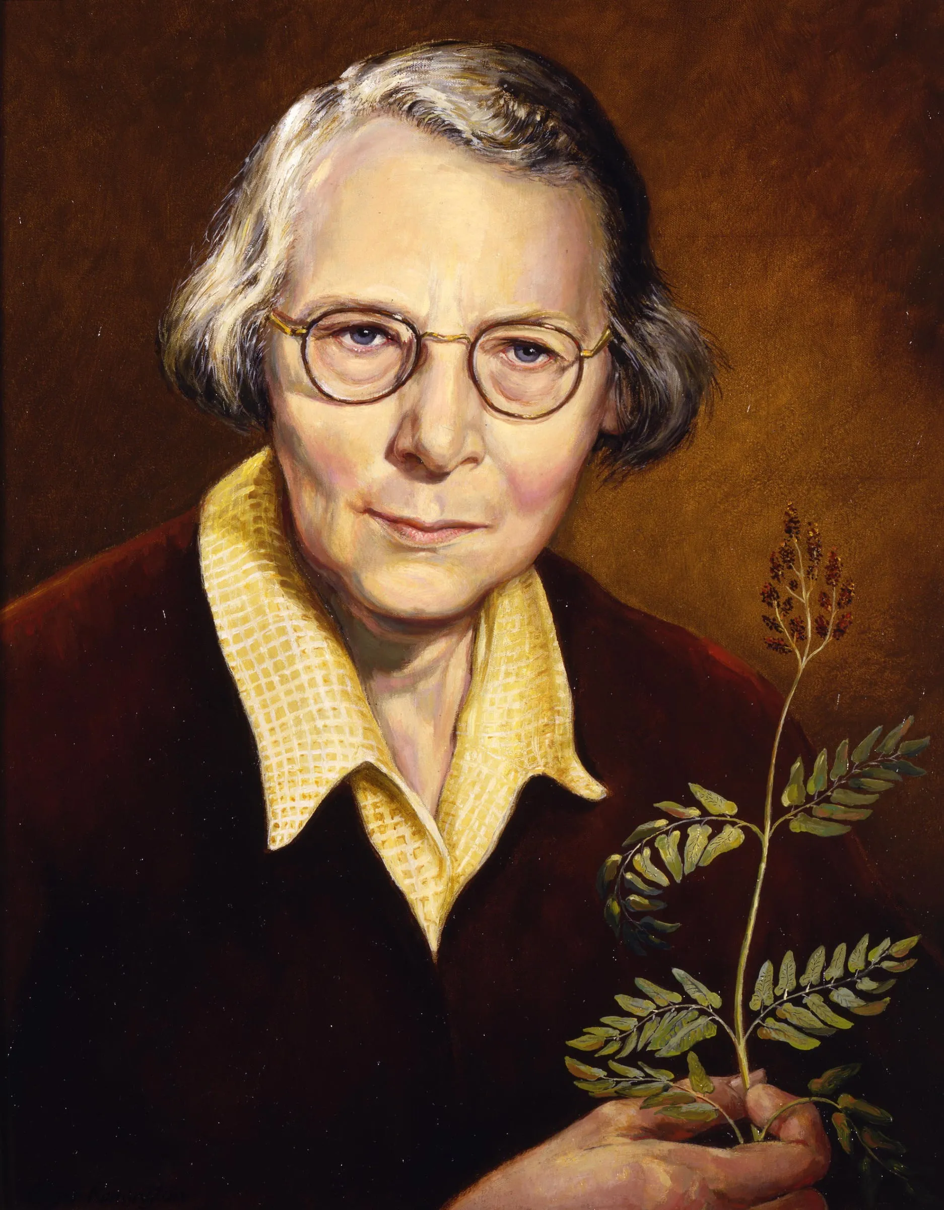 Painted portrait of a woman in glasses holding a fern frond