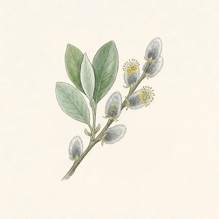 Botanical drawing of Grey willow (Salix cinerea). Soft grey “pussy willow” catkins in early spring.