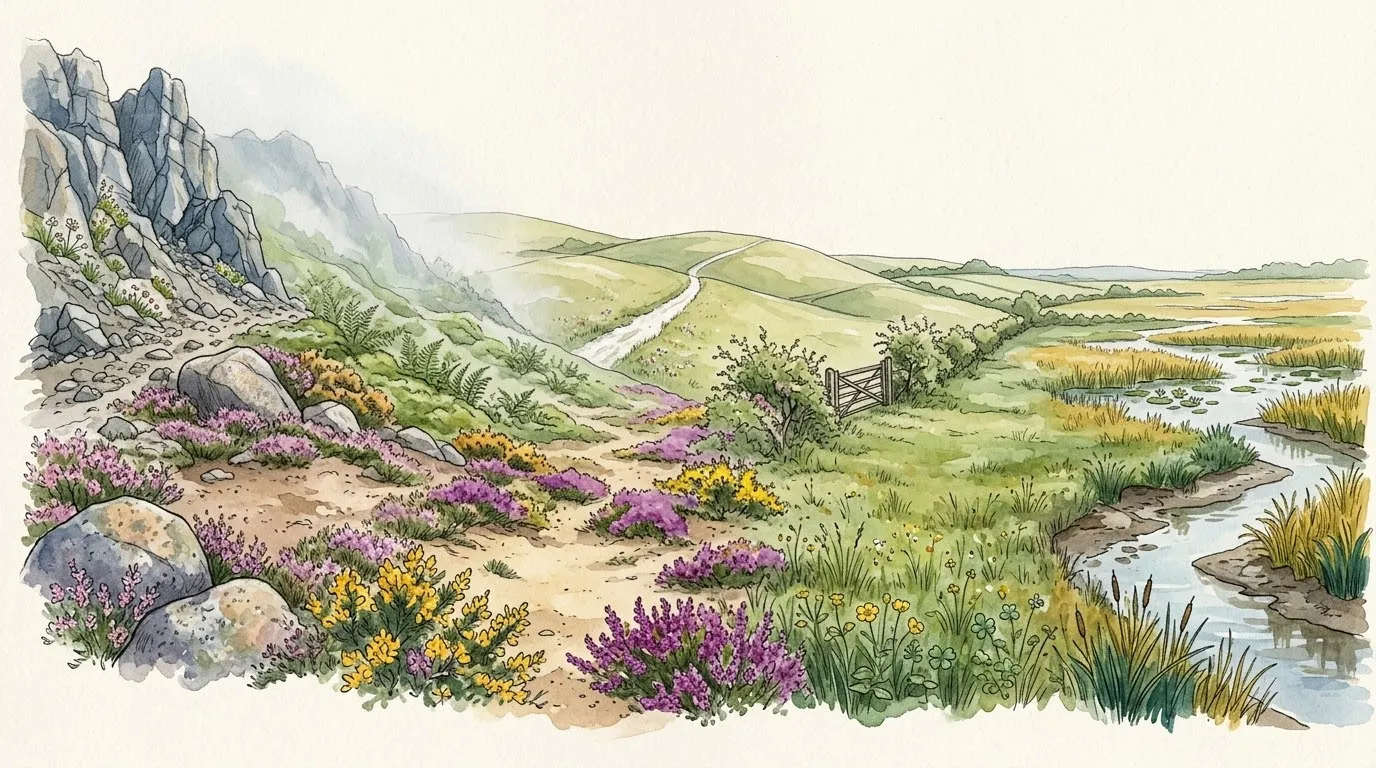 A watercolour British landscape: crags and scree, heather and gorse heath, chalk downs, a hedgerow with a gate, a meadow, a fen and a river.