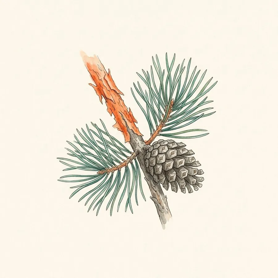 Botanical drawing of Scots pine (Pinus sylvestris). Needles in pairs; bright orange bark near the top.